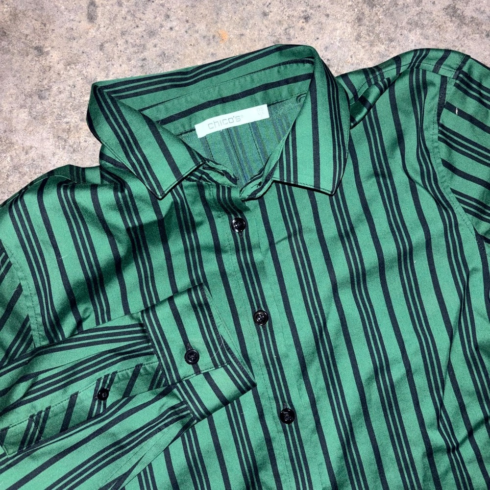 Chico's Shirt Womens 6 Green Black Striped Cotton Stretch Long Sleeve Button Up